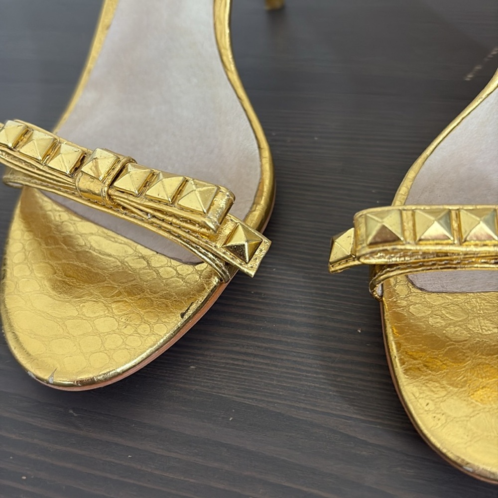 Michael Kors Livvy Ankle Heeled Sandals Strappy Metallic‎ Leather Gold Size 7.5 - Picture 6 of 14